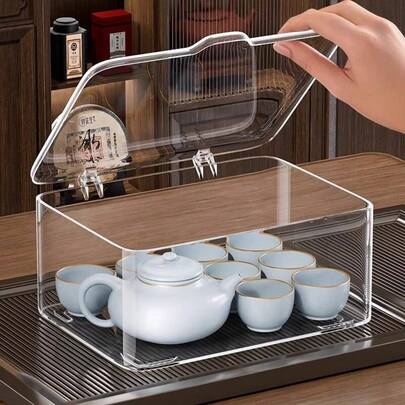 1个透明防尘茶具收纳盒，简约透明塑料杯架，带铰链盖，桌面展示盒，适用于茶杯和咖啡吧配件