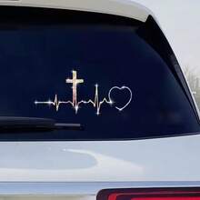 心跳十字心形汽车贴纸，闪亮喷砂反光贴花 - A - 查看 3