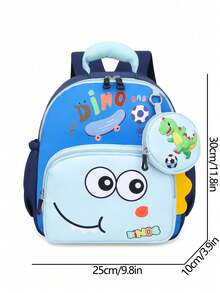 Fresh And Cute Dinosaur Print Lightweight Comfortable Casual Crossbody Bag, Versatile Student School Backpack - Blue - View 10