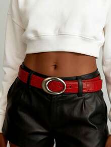 1 pieza Cinturón con hebilla de metal estilo retro Y2K, Accesorio de cinturón de piel de cocodrilo rojo de alta gama 2026 para mujeres - Multicolor - Ver 8