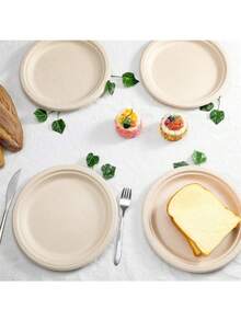 50pcs 9-Inch Paper Plates, Party Disposable Plates, Outdoor BBQ Paper Plates, Thick Pulp Paper Plates, Convenient Disposable Plates, Tableware | , Suitable For Dinner, Party, Wedding, Birthday - Beige - View 9