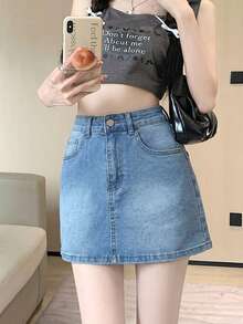 中腰蓝色休闲A字修身牛仔迷你裙，适合夏季日常穿着。 - 藍色 - 查看 5