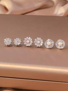 Bộ 3 đôi bông tai đính đá Zirconia bất đối xứng, kiểu dáng giản dị, phù hợp để đeo hàng ngày. - Nhiều màu - Xem 1