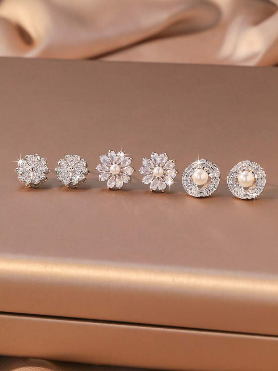 Bộ 3 đôi bông tai đính đá Zirconia bất đối xứng, kiểu dáng giản dị, phù hợp để đeo hàng ngày. - Nhiều màu - Xem 1