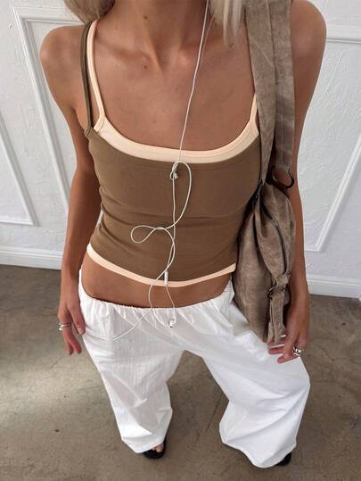 女士双色拼接叠层吊带背心，夏季修身短款上衣，Y2K/街头风