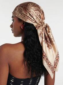 1pc Women's Casual Retro Paisley Print Scarf/Satin-Textured 90cm Square Scarf, Fashionable Headscarf For Spring/Autumn, Suitable For Vacation, Beach Party, Travel. Can Be Used As Waist Wrap, Bag Decoration, Ribbon, Headband Or Headscarf.,Holiday - Khaki - View 2