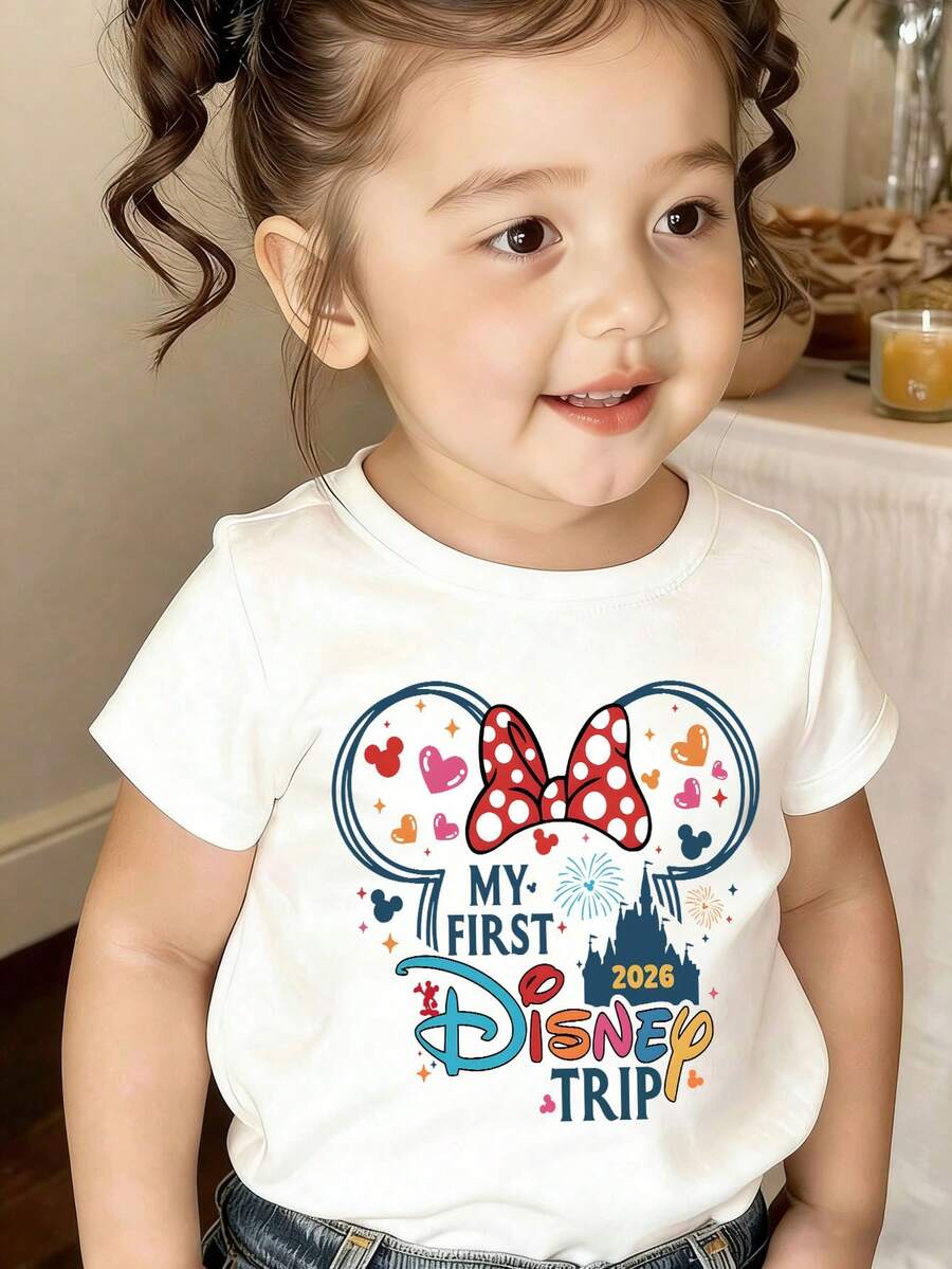 Disney Licensed Casual And Simple Round-Neck Short-Sleeve T-Shirt Printed With The 'My First Disney Trip 2026' Design, Specially Designed For Infants And Toddlers, Suitable For Both Boys And Girls, Making It An Ideal Choice For Summer Wear. - 白色 - 查看 1