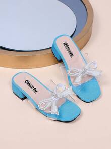 1 Pair Blue Girls' Fashion Slippers, Soft Transparent PU + Shiny Pearl Bow Decor, Round Toe Thick Heel Increased Height Flat Non-Slip, Fashionable Princess Wedge Beach Slippers, Suitable For Daily Casual, Vacation, Festivals And Parties, Spring/Summer New Arrival - Blue - View 1