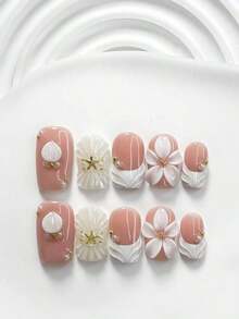 10pcs/Set Valentine's Day Handmade Nail Art Kit, Includes White Flower & Bow Decor, White & Red Gel Nails, French Polka Stickers, Heart Painting, Silver Beads Embedded, 3 Sizes Available: Almond/Square/Coffin Shape, With Set, Suitable Sweet Ladies & Girls, Valentine's Day/Party/Daily Wear Nail Supplies Handmade Press On Nails - 多色 8 - 查看 5