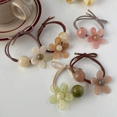 5pcs New Fashionable Set Cute Floral Elastic Hair Ties, Ladies Sweet Coffee Color Hair Scrunchies Hair Accessories, Ideal Gift Choice (Slight Color Difference) Holiday Accessories