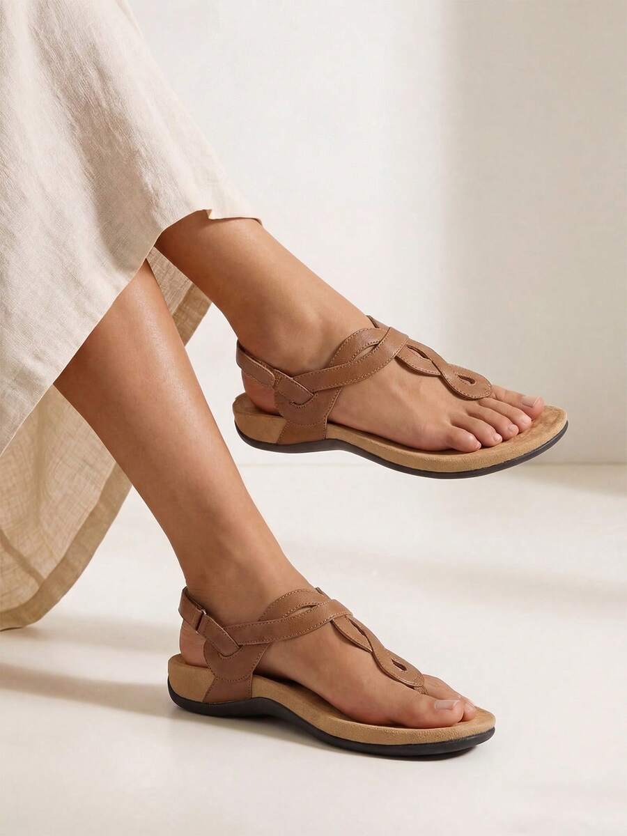 Athlefit Women's Orthopedic Arch Support Sandals Comfortable Thong T-Strap Orthotic Casual Flat Sandals - 譚 - 查看 1