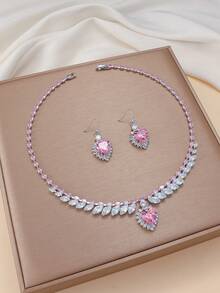 2pcs/Set Gentle & Cute Zirconia Pink Heart-Shaped Necklace & Earrings Set For Women, Suitable For Party Wear - Multicolor - View 10