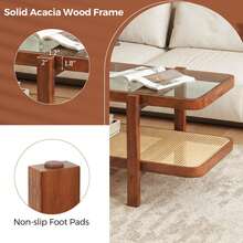2-Tier Rustic Coffee Table With Storage Tempered Glass Tabletop PE Rattan Shelf Brown - Brun - Visa 5