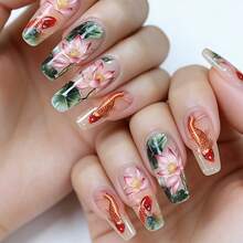 24 miếng dán móng tay hình hoa sen hồng cỡ vừa-dài, móng giả kiểu lá sen xanh ngọt ngào, miếng dán móng vuông dùng hàng ngày, dự tiệc, du lịch, làm móng. - Nhiều màu - Xem 9