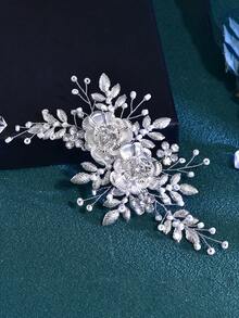 Silver Flower Bridal Hair Clip Handmade Rhinestone Women's Headpiece Suitable For Wedding Party Easter - Silver - View 8