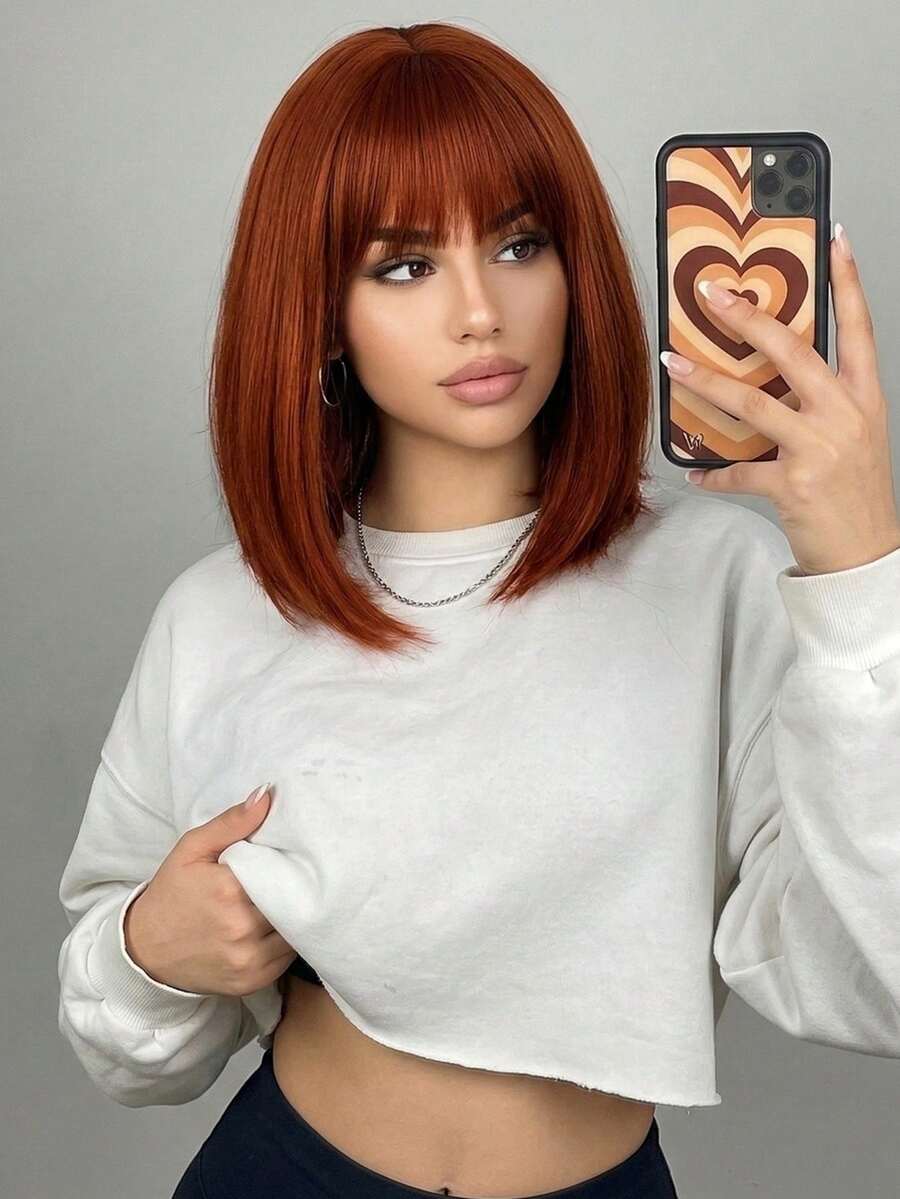 12英寸深棕色直发短款波浪卷波波头假发，带蓬松刘海，耐热合成纤维假发，适合女性日常佩戴和派对场合