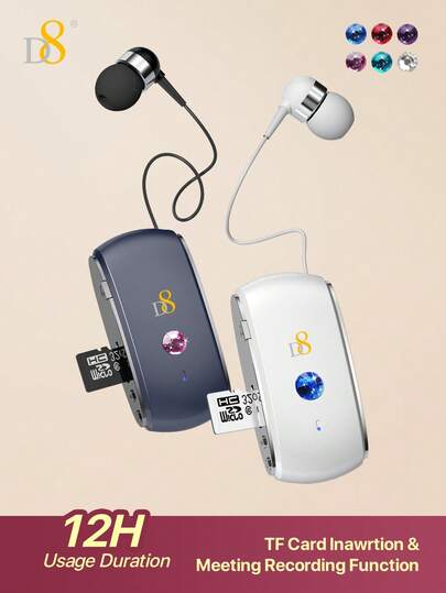 D8 可伸缩无线耳机，升级版 MP3 无线耳机，支持无线连接，可插拔卡，双模式切换，立体声耳机 V5.3，降噪麦克风，夹式耳塞，舒适免提耳机，12 小时通话时间，适用于运动、商务、卡车司机等场合，兼容安卓和 iOS 手机。