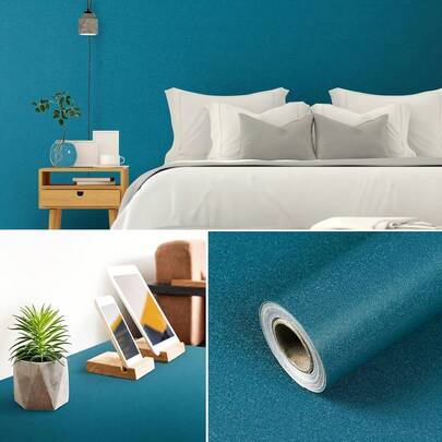 1 cuộn giấy dán tường màu xanh lam, tức là giấy dán tường tự bong tróc, giấy dán tường trang trí chống thấm nước, thích hợp cho tủ, ngăn kéo, kệ, mặt bàn, giấy trang trí nhà cửa.