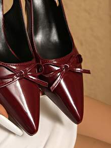 2026春夏新款酒红色漆皮尖头高跟鞋，女士蝴蝶结细高跟鞋，婚礼派对约会低帮鞋面 - 酒紅色 - 查看 9