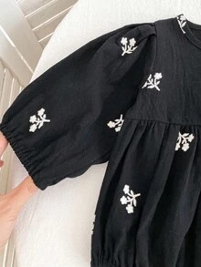 复古风婴儿花卉刺绣连体衣，长袖，春秋季 - 黑色 - 查看 5