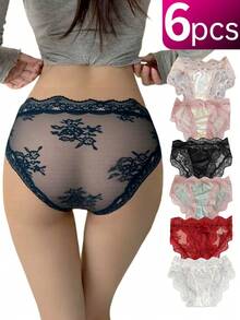 6pcs Seamless & Comfy Triangle Briefs Cotton Lace Panties, Low-Waist Solid-Color Panties, Comfortable And Breathable Seamless Sports Women's Panties,  Christmas Gifts Birthday Gift - 彩色 - 查看 2