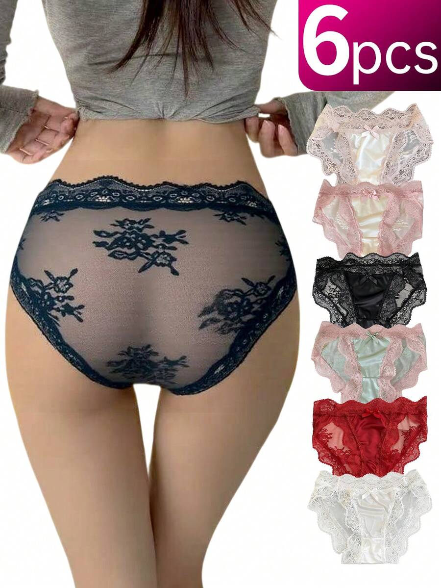 6pcs Seamless & Comfy Triangle Briefs Cotton Lace Panties, Low-Waist Solid-Color Panties, Comfortable And Breathable Seamless Sports Women's Panties,  Christmas Gifts Birthday Gift - Multicolor - View 1