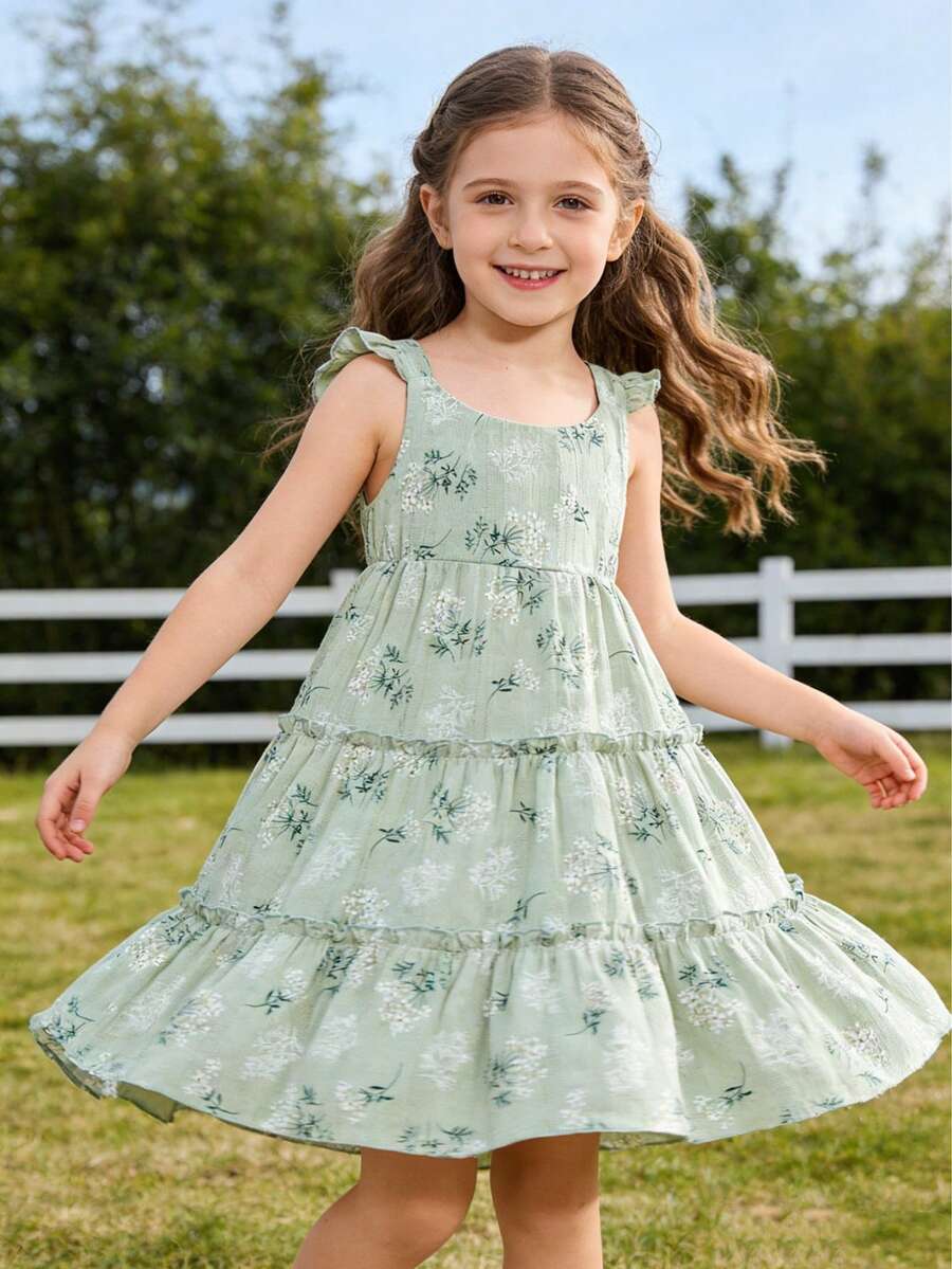 Young Girl Summer Fashionable Ladylike Style Casual Korean Version Wildflower Printed Sleeveless Dress - Green - View 1