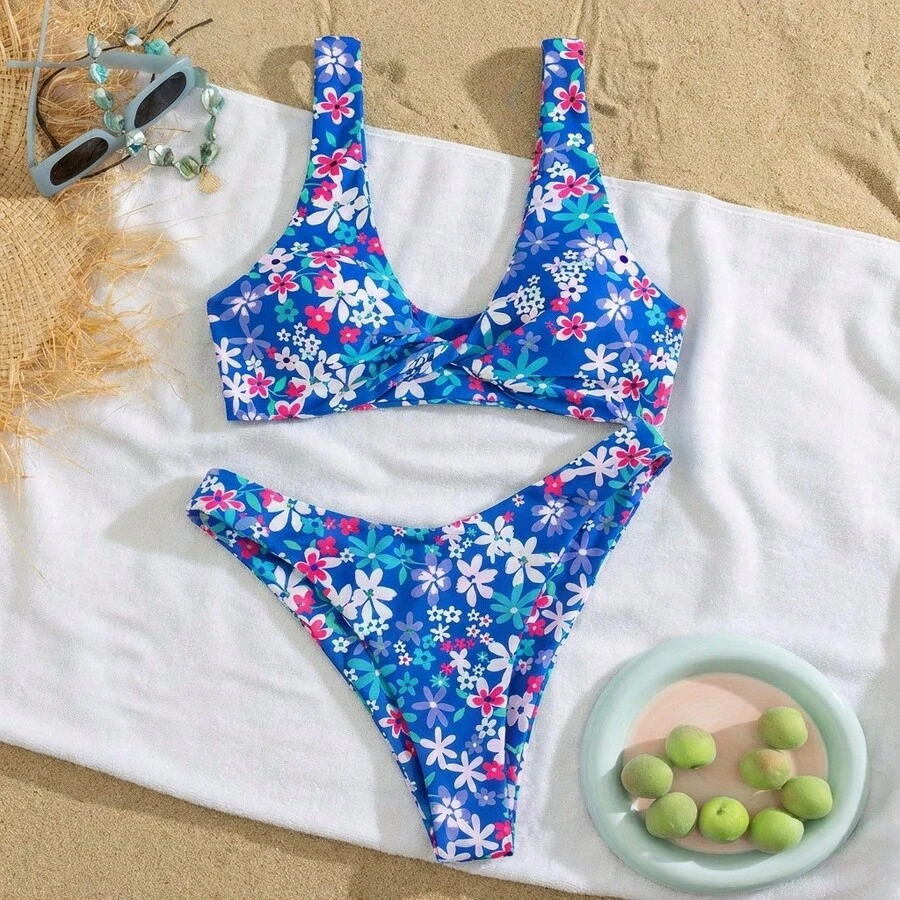 夏季新款女款泳衣辣妹派對節慶甜美風素色優雅性感印花扭結肩帶兩件式比基尼泳衣海灘度假風 - 彩色 - 查看 1