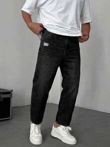 Men's Washed Dark Indigo Loose Straight Leg Vintage Jeans, Relaxed Fit, Comfortable, Flattering Leg, Distressed, Loose Straight Leg, Cropped, Oversized, Recommend Sizing Down - Black - View 1