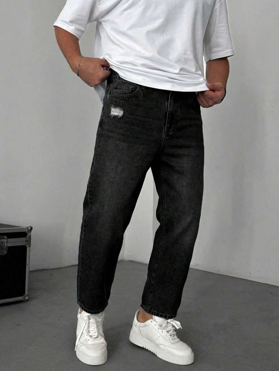 Men's Washed Dark Indigo Loose Straight Leg Vintage Jeans, Relaxed Fit, Comfortable, Flattering Leg, Distressed, Loose Straight Leg, Cropped, Oversized, Recommend Sizing Down - Black - View 1