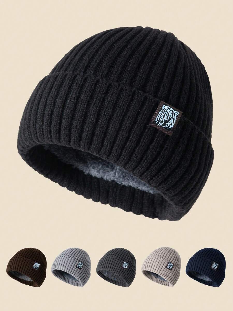 Unisex Tiger Head Patch Solid Color Knit Beanie Hat, Men's Winter Thermal Lined Warm Casual Soft Comfortable Simple Stylish Cap, Suitable For Cold Weather, Daily Commute, Sports, Gatherings, Outings - C - View 1
