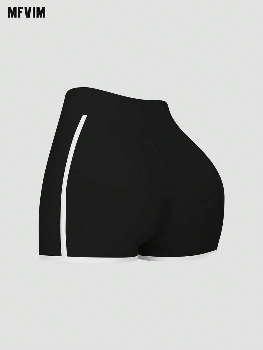 MFVIM 女士运动短裤，撞色条纹设计，3D立体塑形，侧边口袋，修身剪裁，收腹提臀，透气柔软弹力面料，适合休闲运动、跑步、瑜伽、健身，也适合日常通勤、户外活动、慢跑、骑行、瑜伽、普拉提、健身房锻炼。