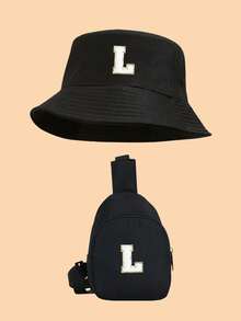 Bộ 2 món mũ tai bèo in 26 chữ cái viền vàng và túi đeo chéo cho trẻ em, mũ chống nắng ngoài trời nhẹ, trang phục thời trang đa năng unisex. - màu đen - Xem 31