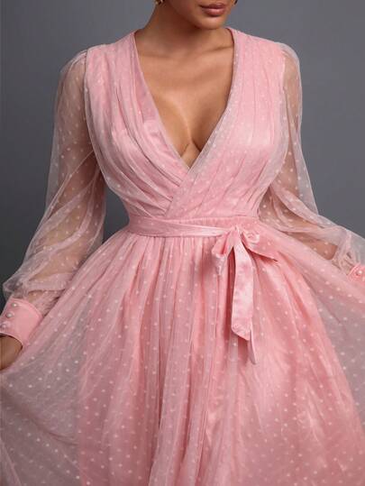 Elegant Deep V-Neck Belted Women's Evening Dress - Featuring A Captivating Deep V-Neck Design, Fashionable Self-Tie Waist Belt, Chiffon Polka Dot Cuffs, And A Flowing Silhouette, This Long Dress Is Perfect For Parties, Galas, Weddings, Balls, And Other Formal Occasions.