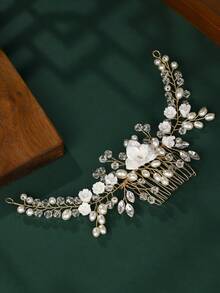 1件手工珍珠花朵新娘发梳，浪漫水钻发夹，婚礼礼服配饰，派对及拍照发饰 - 彩色 - 查看 11