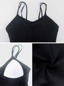 女士高弹力修身性感吊带露背连体衣休闲运动瑜伽舞蹈连体衣带胸垫 - 黑色 - 查看 4