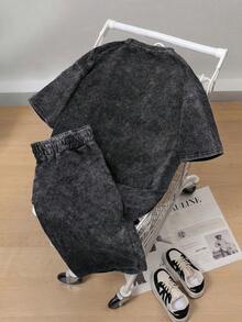 Hemo 男士街头时尚洛杉矶图案T恤短裤套装，弹力水洗黑色休闲日常两件套，夏季 - 黑色 - 查看 2