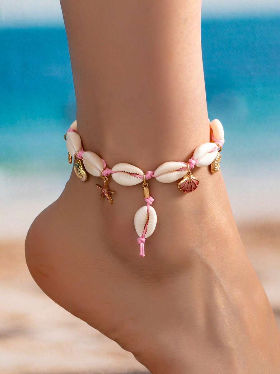 1 chiếc vòng chân thủ công phong cách Boho Bohemian đính vỏ sò cho nữ - Mặt dây chuyền hình sao biển - Trang sức chân phong cách biển - Vòng chân màu hồng hình sinh vật biển - Xem 1