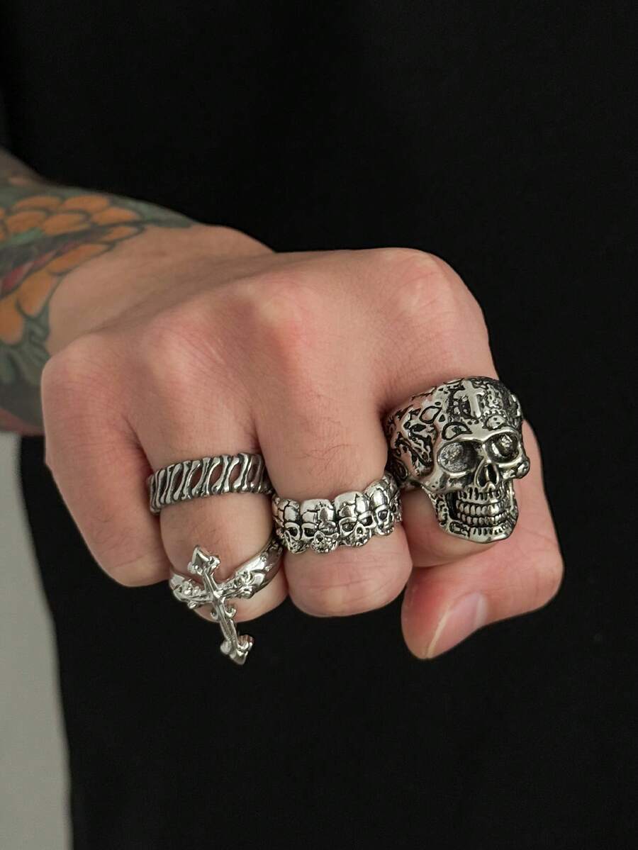 4pcs/Set Fashionable Punk Style Skull Rings Set, Casual Daily Wear For Men - Antique Silver - View 1