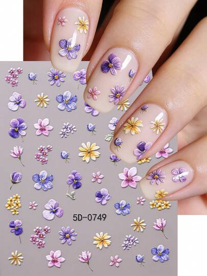 1 Sheet Nail Art Stickers 5D Embossed Colorful Flower Butterfly Bow Decals Luxury Design Self-Adhesive Nail Stickers Nail Decals For Nails DIY Manicure Decorations