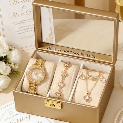 6 PIEZAS Conjunto de relojes de mujer con diamantes en forma de corazón chapados en oro, una combinación de reloj de joyería de cuarzo para mujer, que incluye un reloj chapado en oro totalmente cubierto de diamantes, una pulsera de diamantes en forma de corazón, un collar a juego en forma de corazón, un anillo de oro y aretes en forma de corazón.