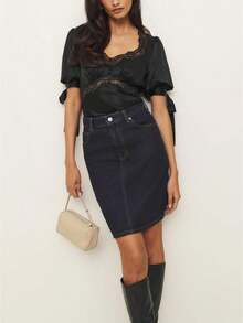 Womens Summer Satin Tops Lace Patchwork Short Puff Sleeves V-Neck Blouse With Adjustable Ribbon Ties - Black - View 1