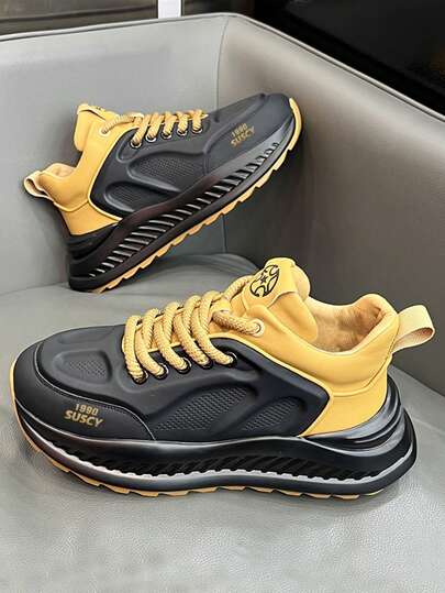 Unisex Comfortable Outdoor Casual Sports Shoes, High-End Minimalist Contrast Color Thick Sole Non-Slip Lace-Up Low-Top Casual Shoes, Suitable For Daily Outdoor Commuting Chunky Sneakers, Street Walking Shoes (All Yellow Materials On The Upper Are Produced In Batches With Color Difference, And Shipped Randomly)