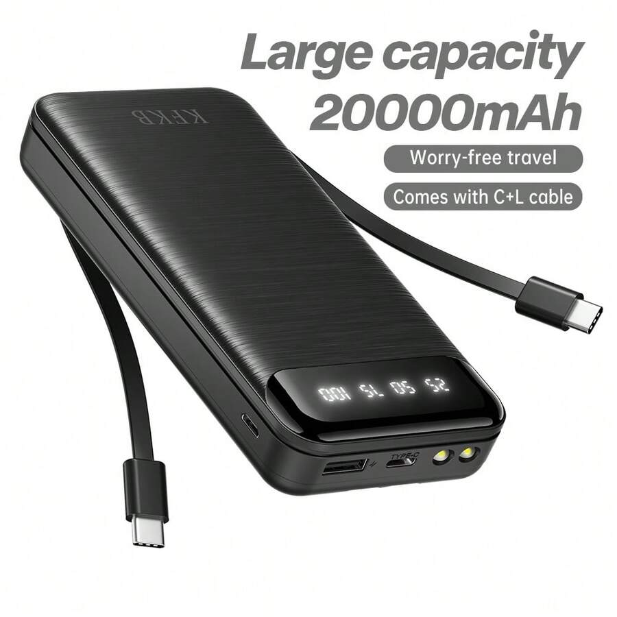 Dual-Cable Multi-Functional 30000mAh Portable Power Bank - High Capacity, Built-In Data Cable Charging, Multiple USB Ports, Travel Essential For Smartphones And Digital Devices, Outdoor Emergency Backup Battery, Travel Power Solution | Compact Power Bank, Durable Battery, Portable Power Station - Black - View 1