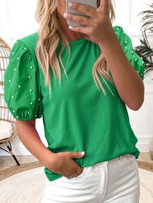 Acelitt Summer Solid Color Pearl Decor Knit Ribbed Splice Petal Sleeve Round Neck Top Spring - Green - View 1
