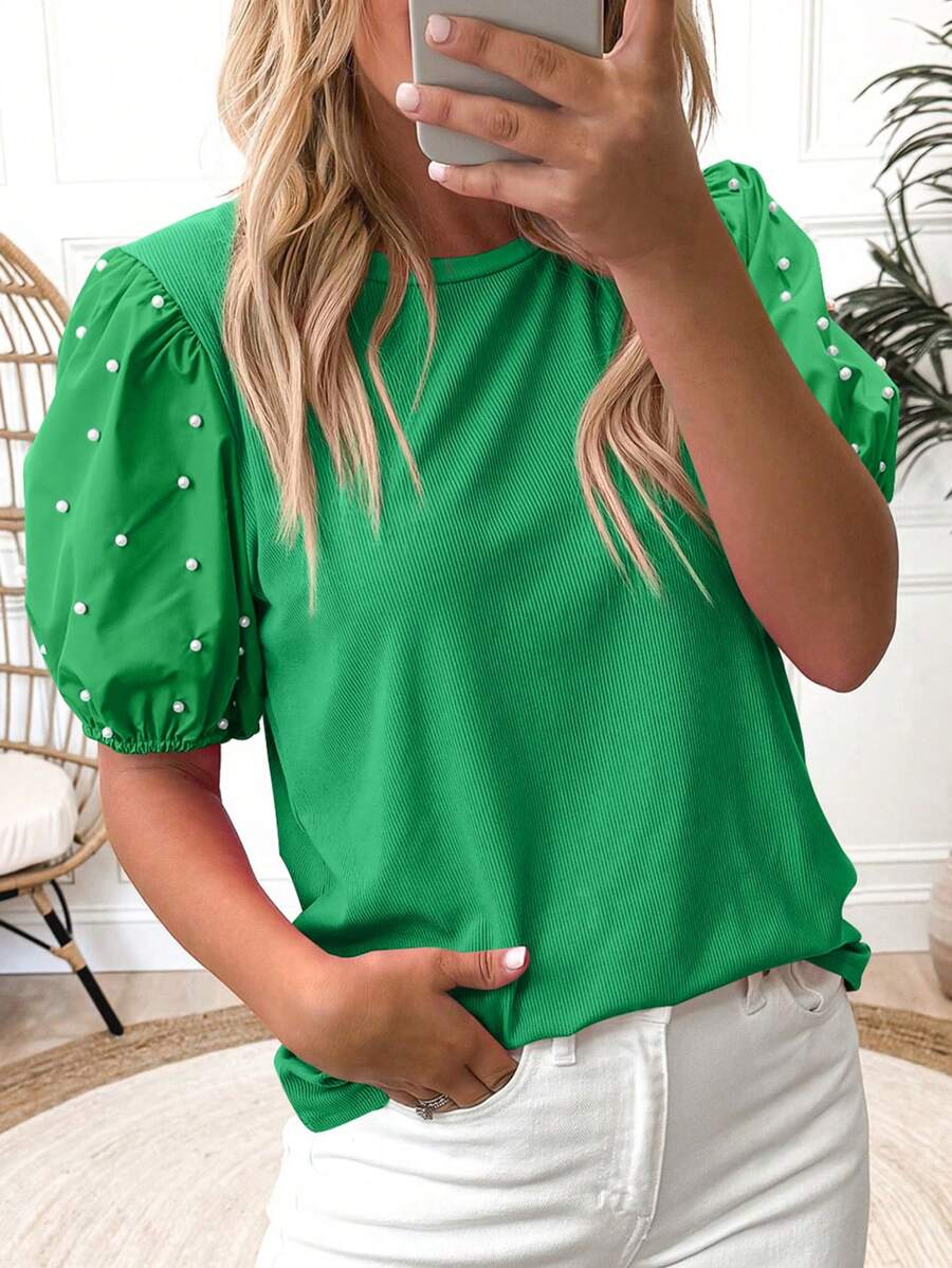 Acelitt Summer Solid Color Pearl Decor Knit Ribbed Splice Petal Sleeve Round Neck Top Spring - Green - View 1