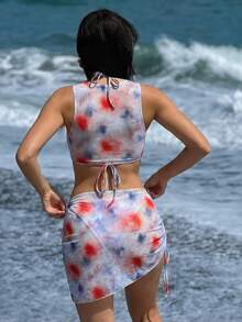Bộ bikini nhuộm tie-dye + Váy che lưng lưới hở lưng, Áo tắm gợi cảm hở lưng đính ngọc trai, Bộ đồ đi biển 3 món - Nhiều màu - Xem 2