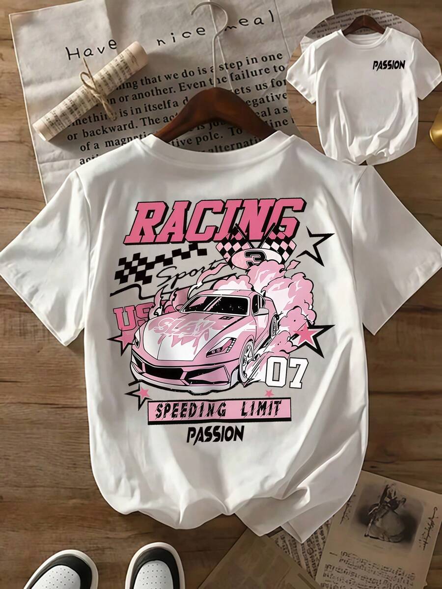 Girls' Short-Sleeved Summer T-Shirt With A Creative "Pink Car" Print, Available In Pink, White, And Other Colors. Made Of 100% Polyester Fiber, It's Slightly Stretchy, Has A Round Neck, And A Regular Fit. This Casual And Sporty Sweater Is Hand-Washable And Suitable For Holiday Parties Or As A Gift For Christmas Or Birthdays. It's Ideal For Girls' Summer Beach Outfits, Comfortable, Durable, And Stylish For Everyday Casual Wear. - 白色 - 查看 1