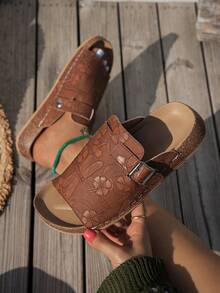 Thick Bottom Cork Slide Sandals Breathable Adjustable Buckle Non‑Slip Wear-Resistant Indoor Outdoor Slippers - Brown - View 7