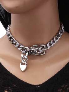 1条银色朋克风链条项链，简约颈链，适合女性日常佩戴 - 銀色 - 查看 3